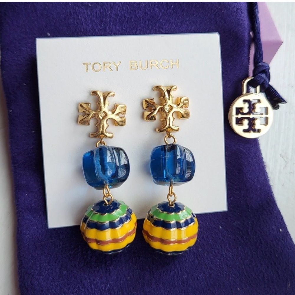 Tory Burch Gold, Blue & Yellow Enamel Drop Earrings